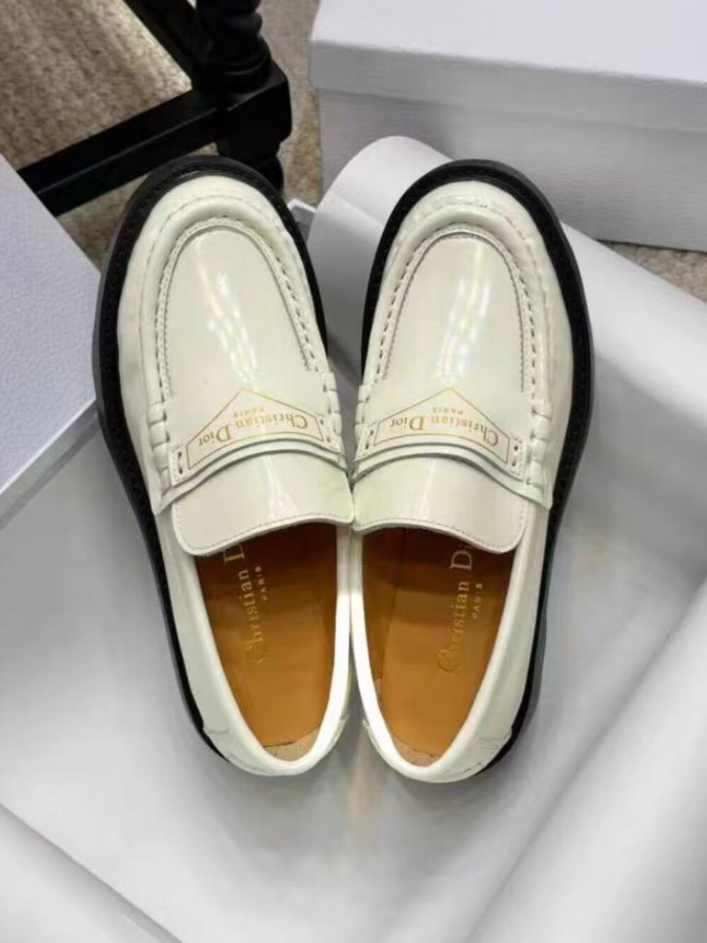 Dior White Leather Slip-On Lug Sole Loafers - Picture 2 of 6
